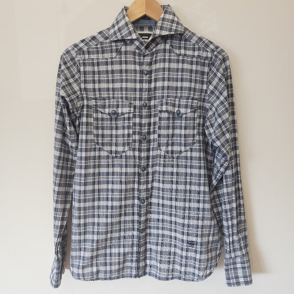 G-STAR RAW Correct Shirt Men Plaid Gray Long Sleeve Snap Closure Cotton Size S